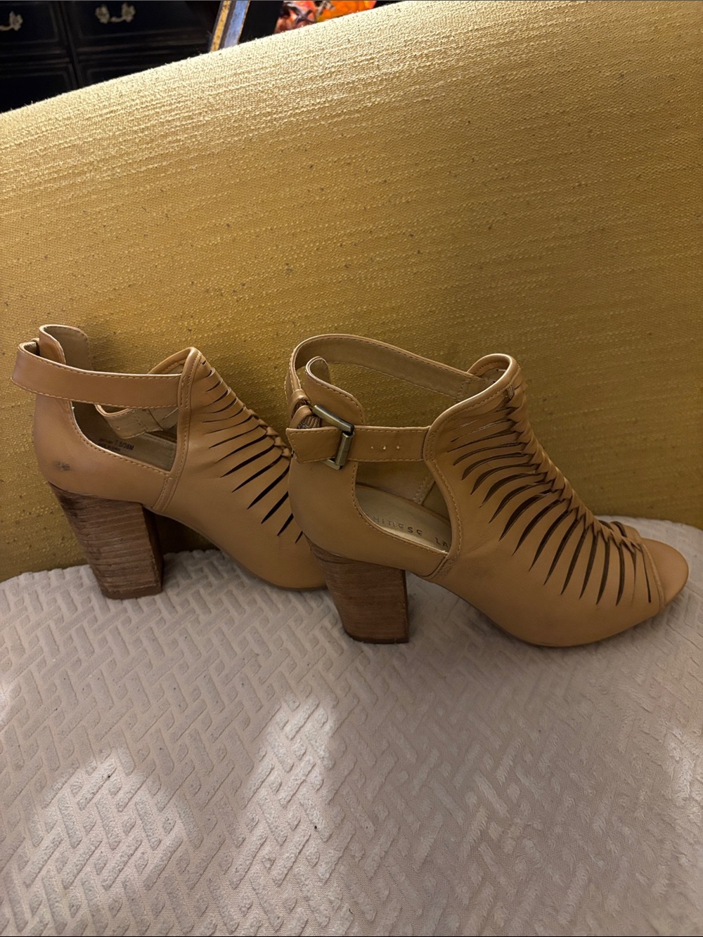 Chinese Laundry Tan Cutout Peep-Toe Block Heel Sandals